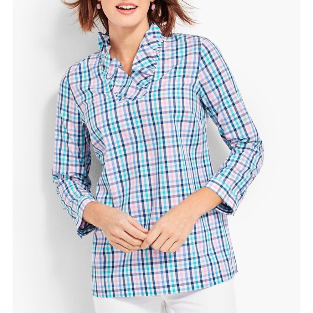 2/$14 Talbots Ruffle Neck Pop Over Tunic Gingham Top 10P